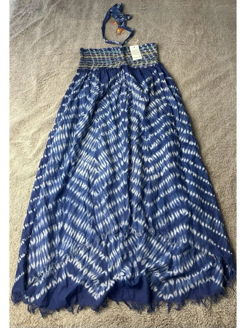 Blue Island Tie Dye Halter Dress Cover Up L Large Cotton Smocked High Low Boho